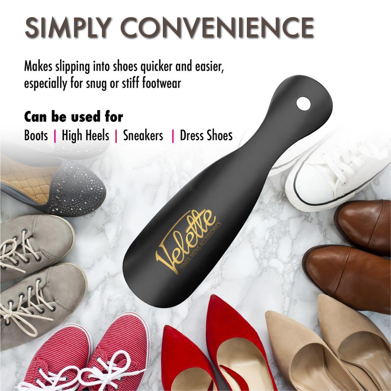 Velette Metal Shoehorn - 2 Pack 7.5" Long Shoe Horn, Travel Shoe Horn for Kids, Men & Women - Stainless Steel Shoes Helper, Spoon, Travel Size Shoehorn for Boots, Shoes, Sneakers & Heels - Black - Image 3